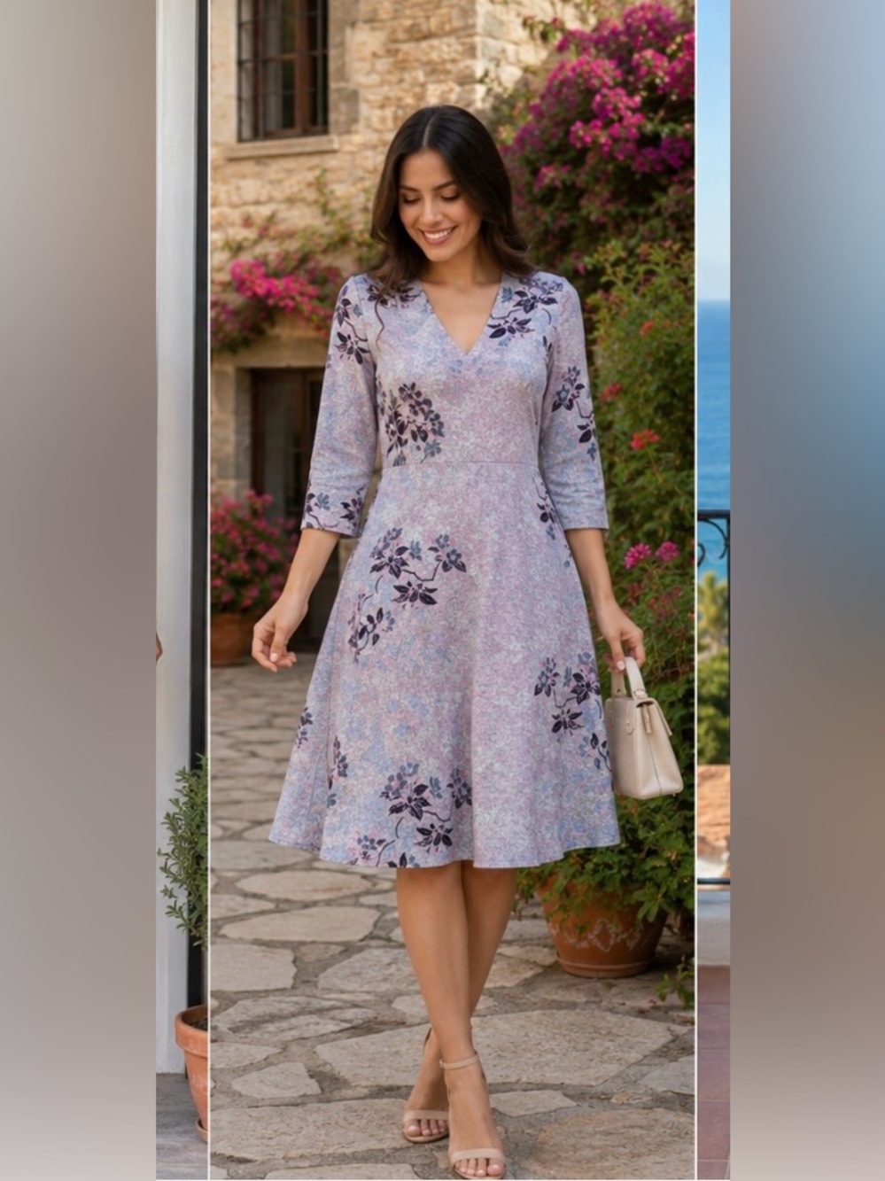 living doll Lavender Floral V-Neck Midi Dress with Navy Accents